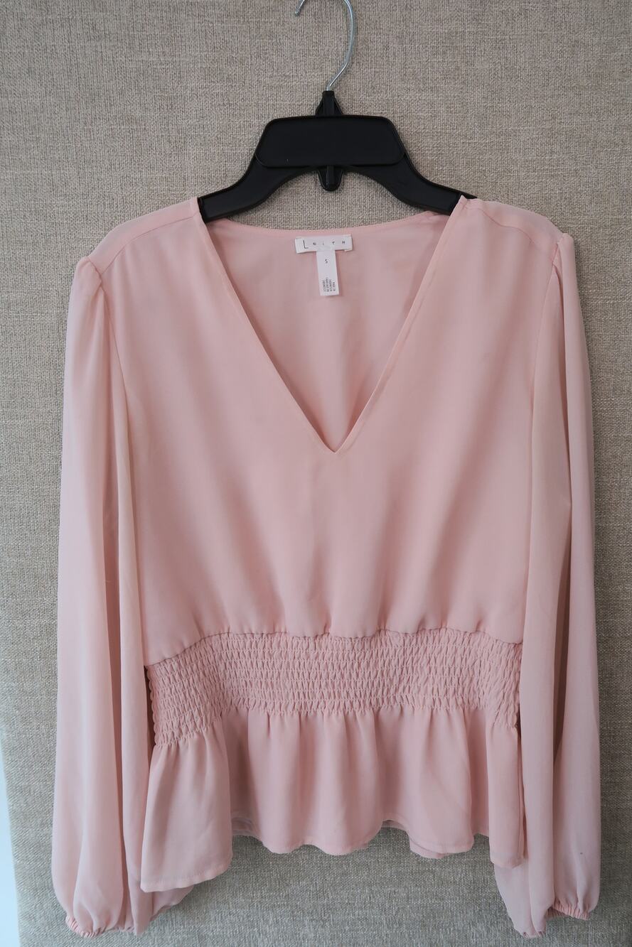 Leith Blush Pink V-Neck Long Sleeve Blouse with Smocked Waist